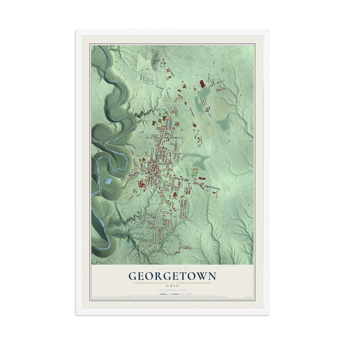 Map of Georgetown, Ohio, 12 x 18 inch print in a white wood frame