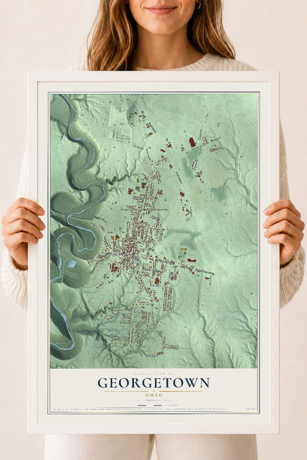 Map of Georgetown, Ohio, 18 x 24 inch print in a white wood frame