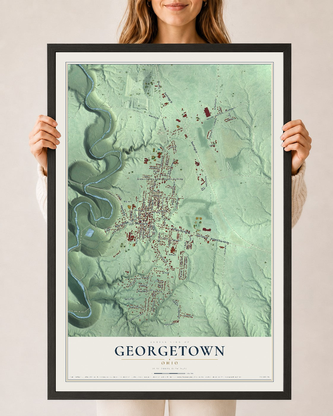 Map of Georgetown, Ohio, 24 x 36 inch print in a black wood frame