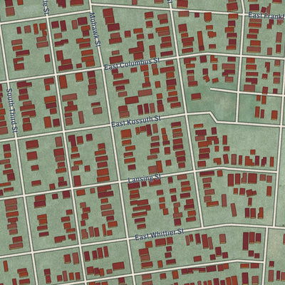 Close-up of the map of German Village, Ohio print showing street and building detail