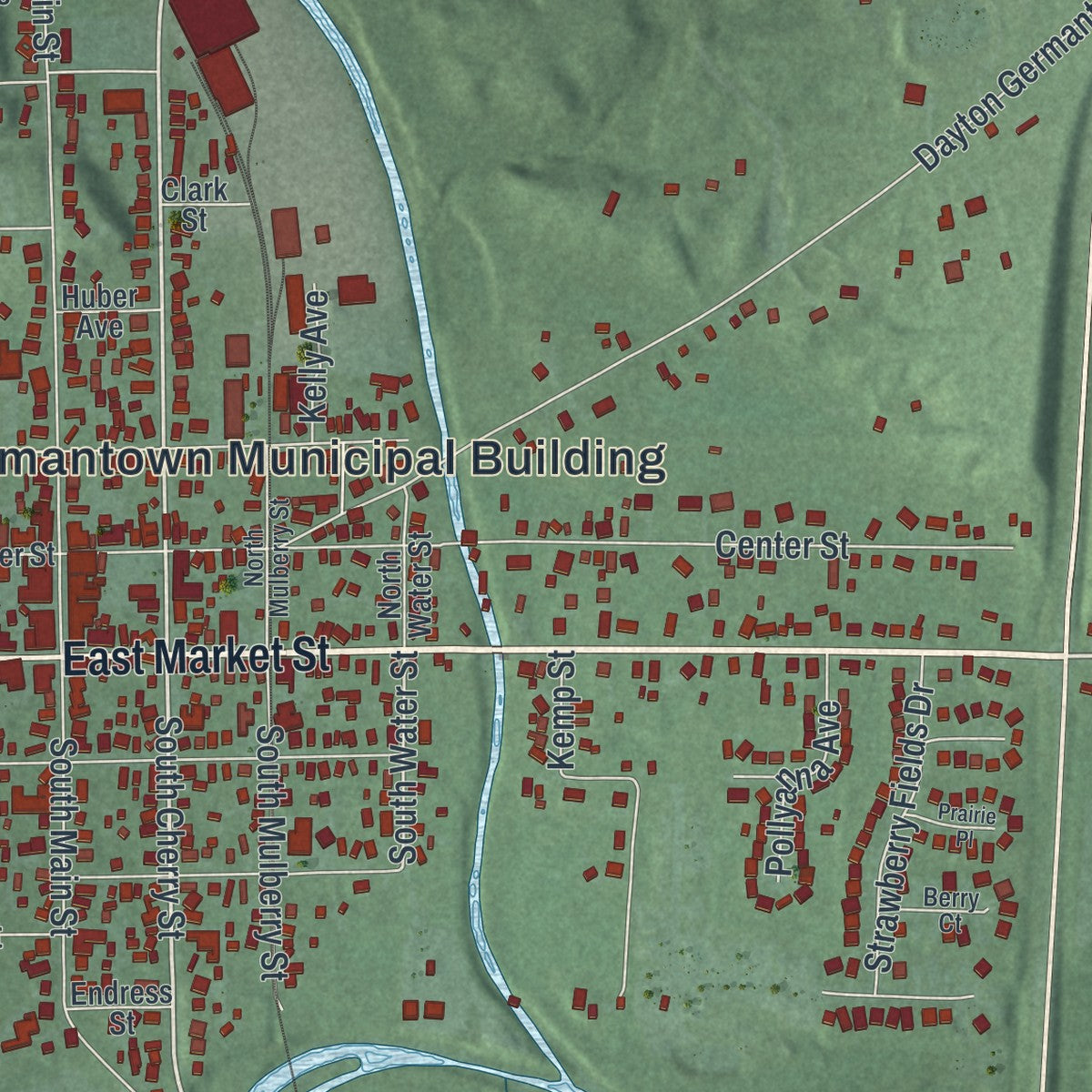 Close-up of the map of Germantown, Ohio print showing street and building detail