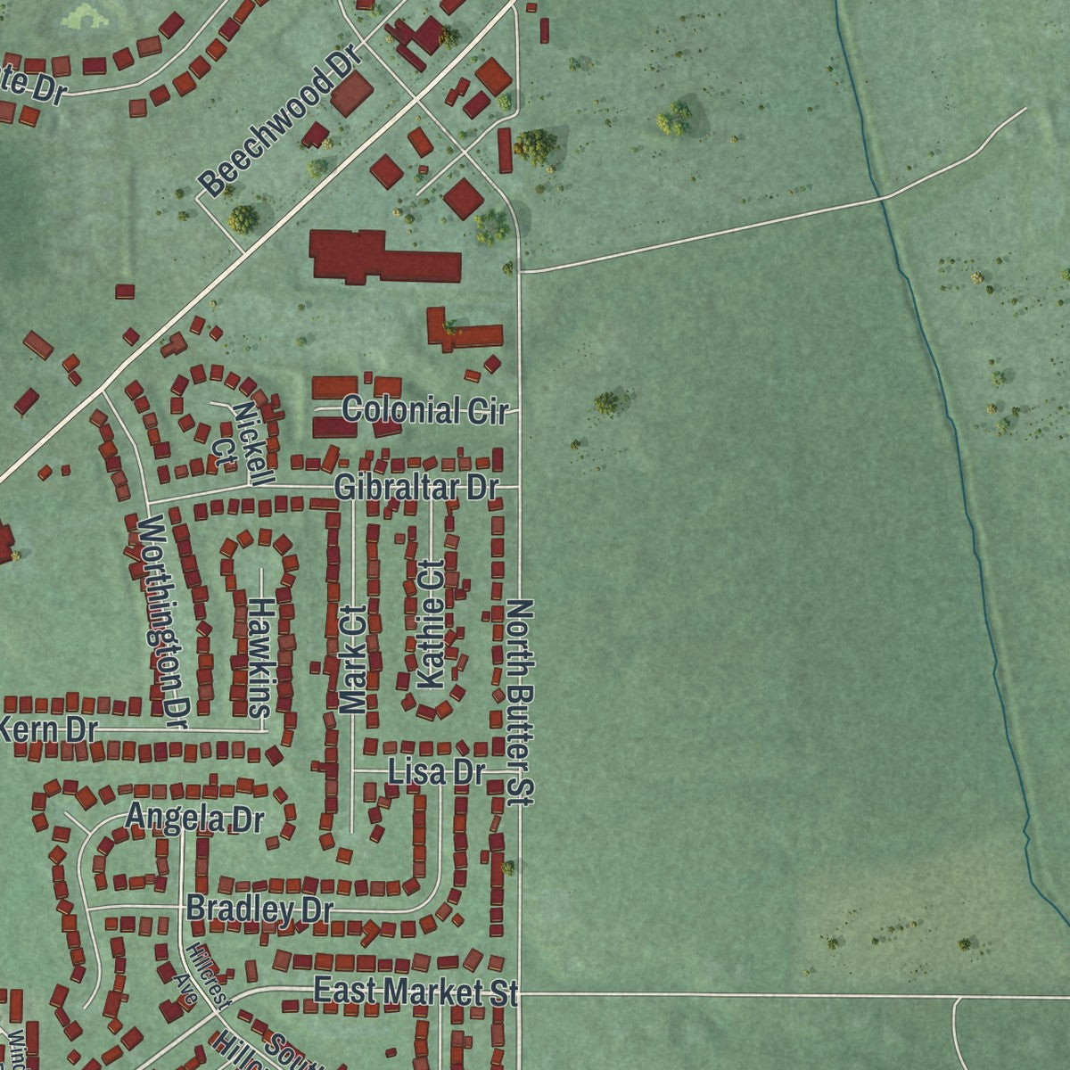 Second close-up of the map of Germantown, Ohio print showing more streets and buildings