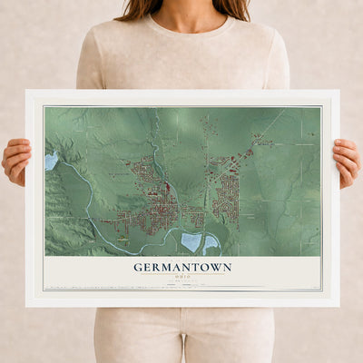 Map of Germantown, Ohio, 12 x 18 inch print in a white wood frame
