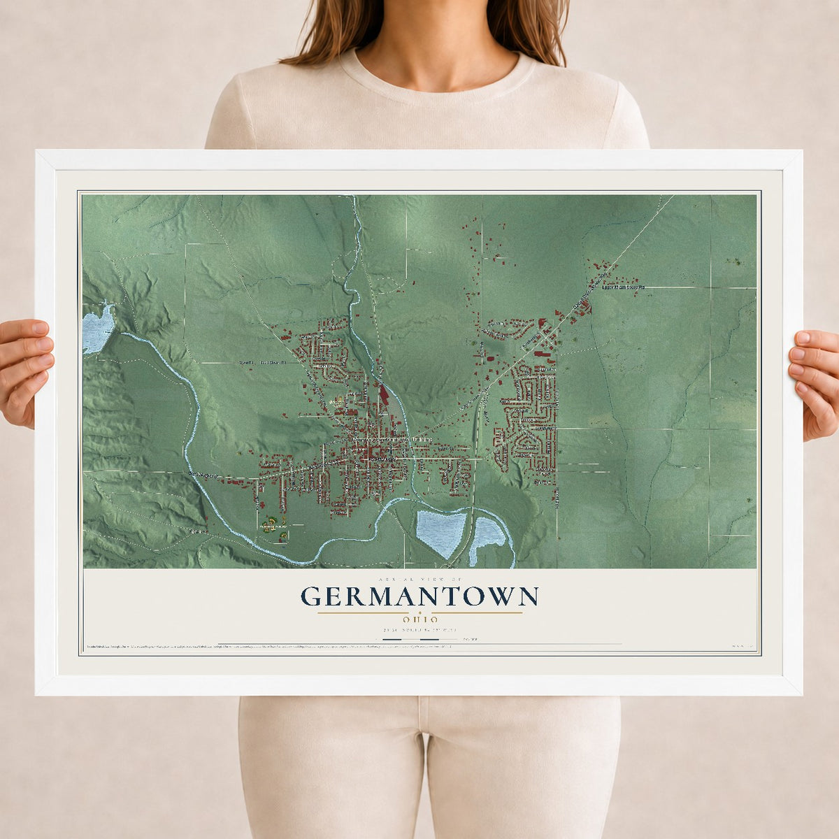 Map of Germantown, Ohio, 18 x 24 inch print in a white wood frame