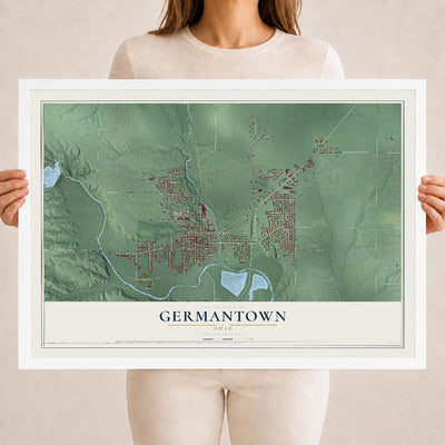 Map of Germantown, Ohio, 18 x 24 inch print in a white wood frame