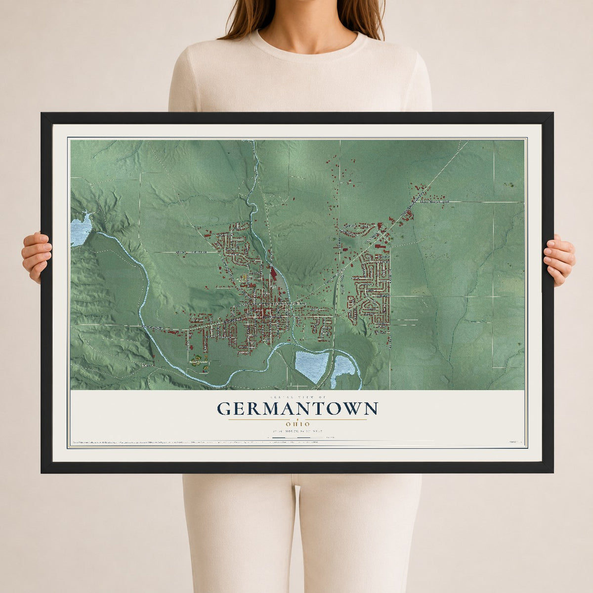 Map of Germantown, Ohio, 24 x 36 inch print in a black wood frame