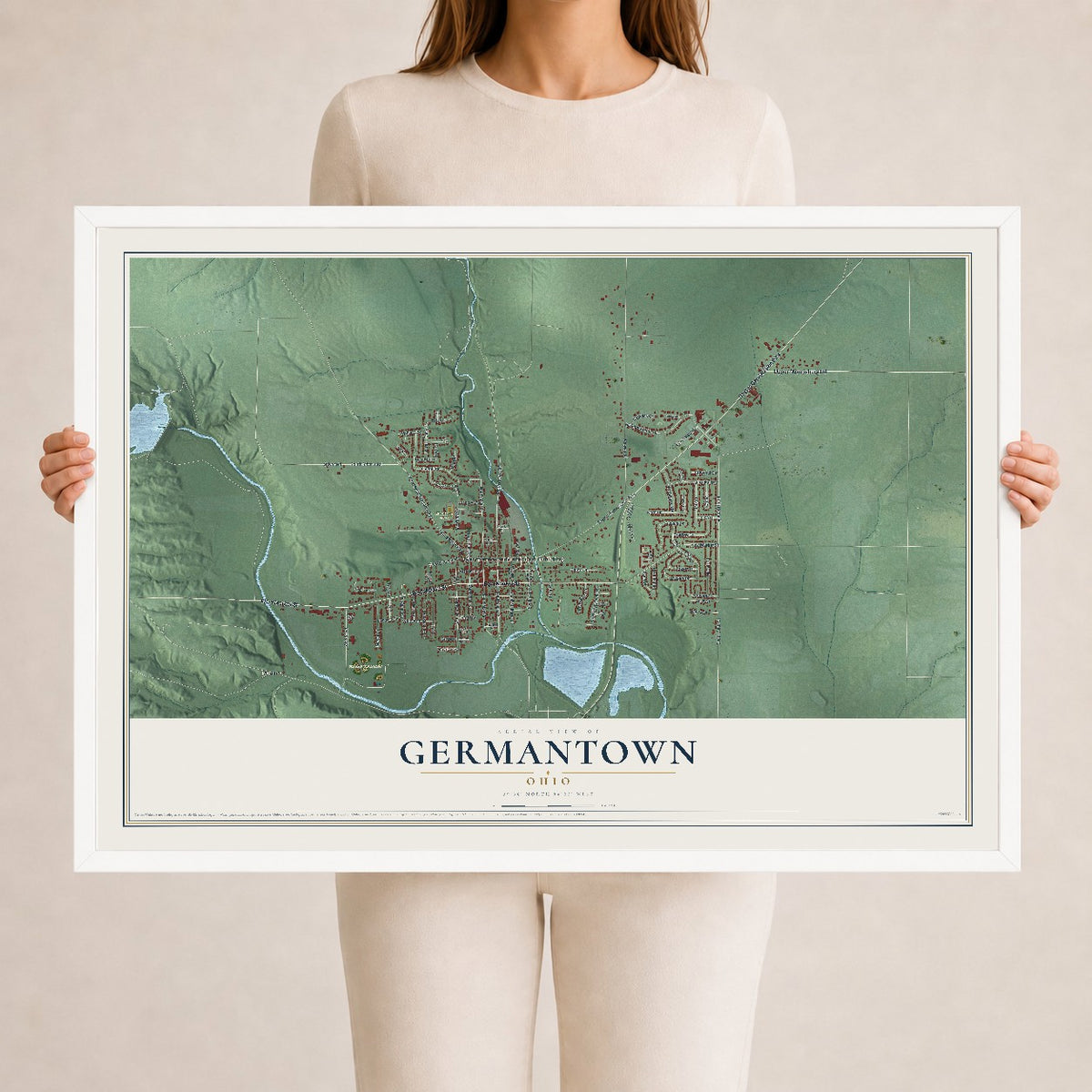 Map of Germantown, Ohio, 24 x 36 inch print in a white wood frame