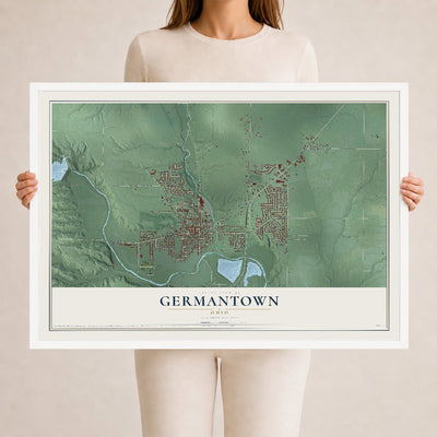Map of Germantown, Ohio, 24 x 36 inch print in a white wood frame