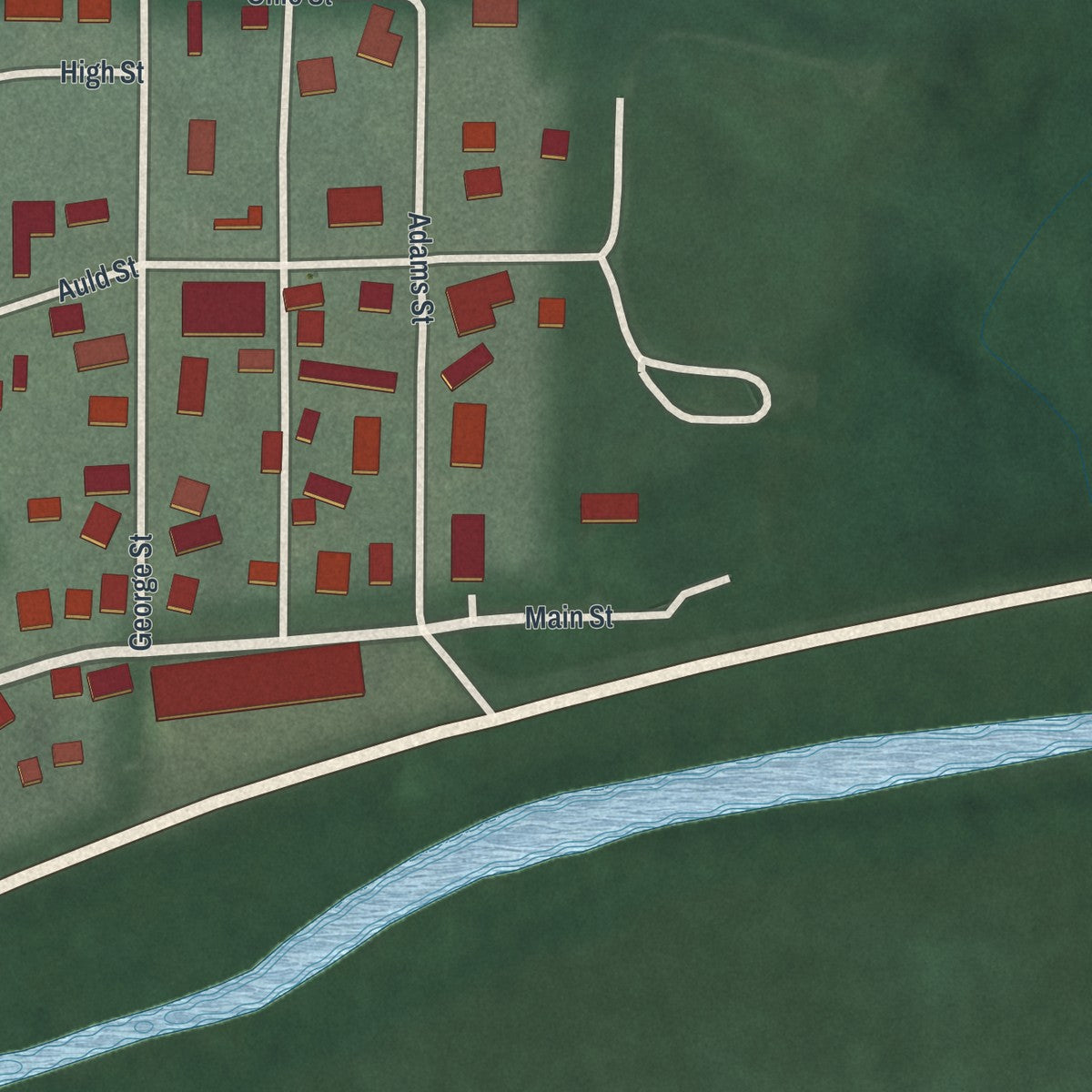 Second close-up of the map of Gettysburg, Ohio print showing more streets and buildings