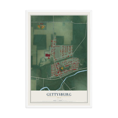 Map of Gettysburg, Ohio, 12 x 18 inch print in a white wood frame