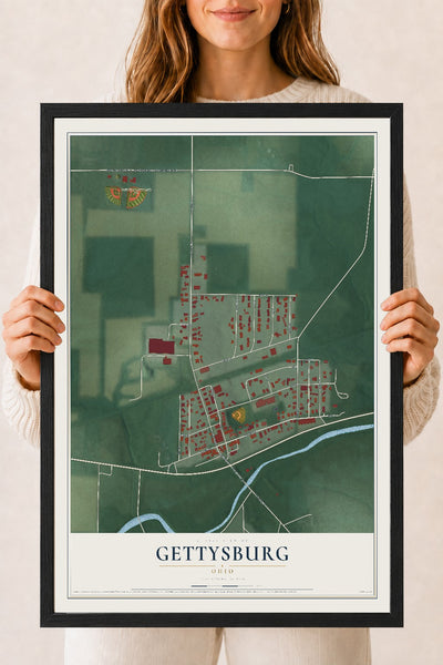 Map of Gettysburg, Ohio, 18 x 24 inch print in a black wood frame