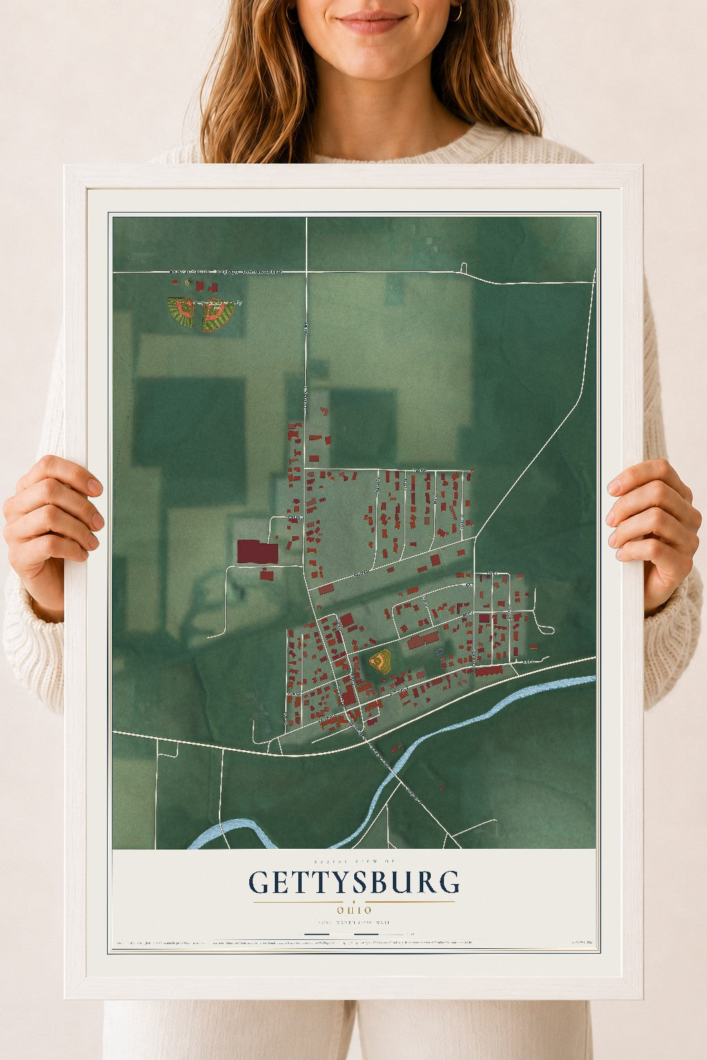 Map of Gettysburg, Ohio, 18 x 24 inch print in a white wood frame
