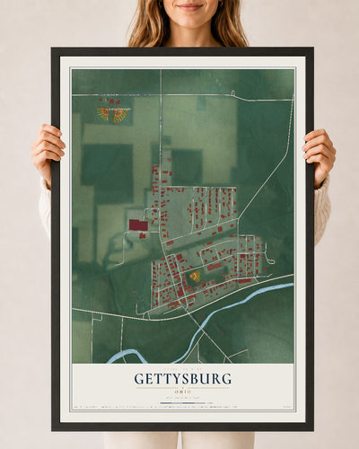 Map of Gettysburg, Ohio, 24 x 36 inch print in a black wood frame
