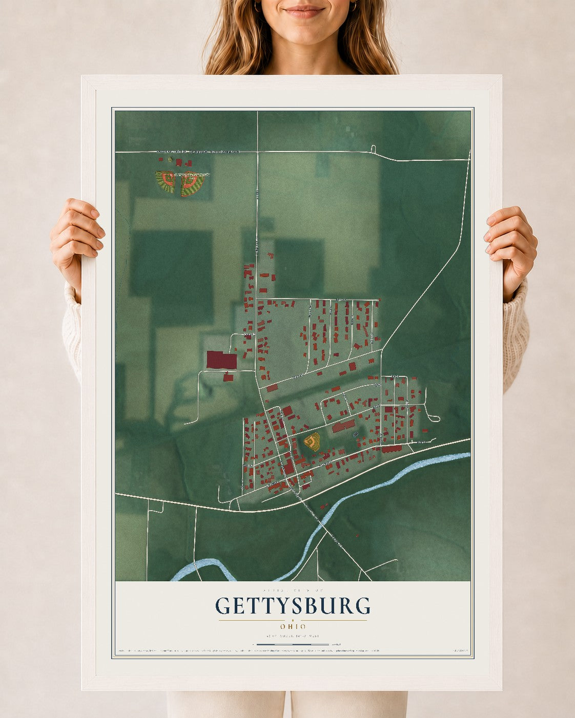 Map of Gettysburg, Ohio, 24 x 36 inch print in a white wood frame