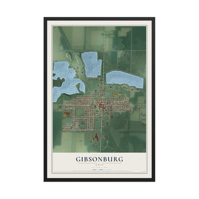 Map of Gibsonburg, Ohio, 12 x 18 inch print in a black wood frame