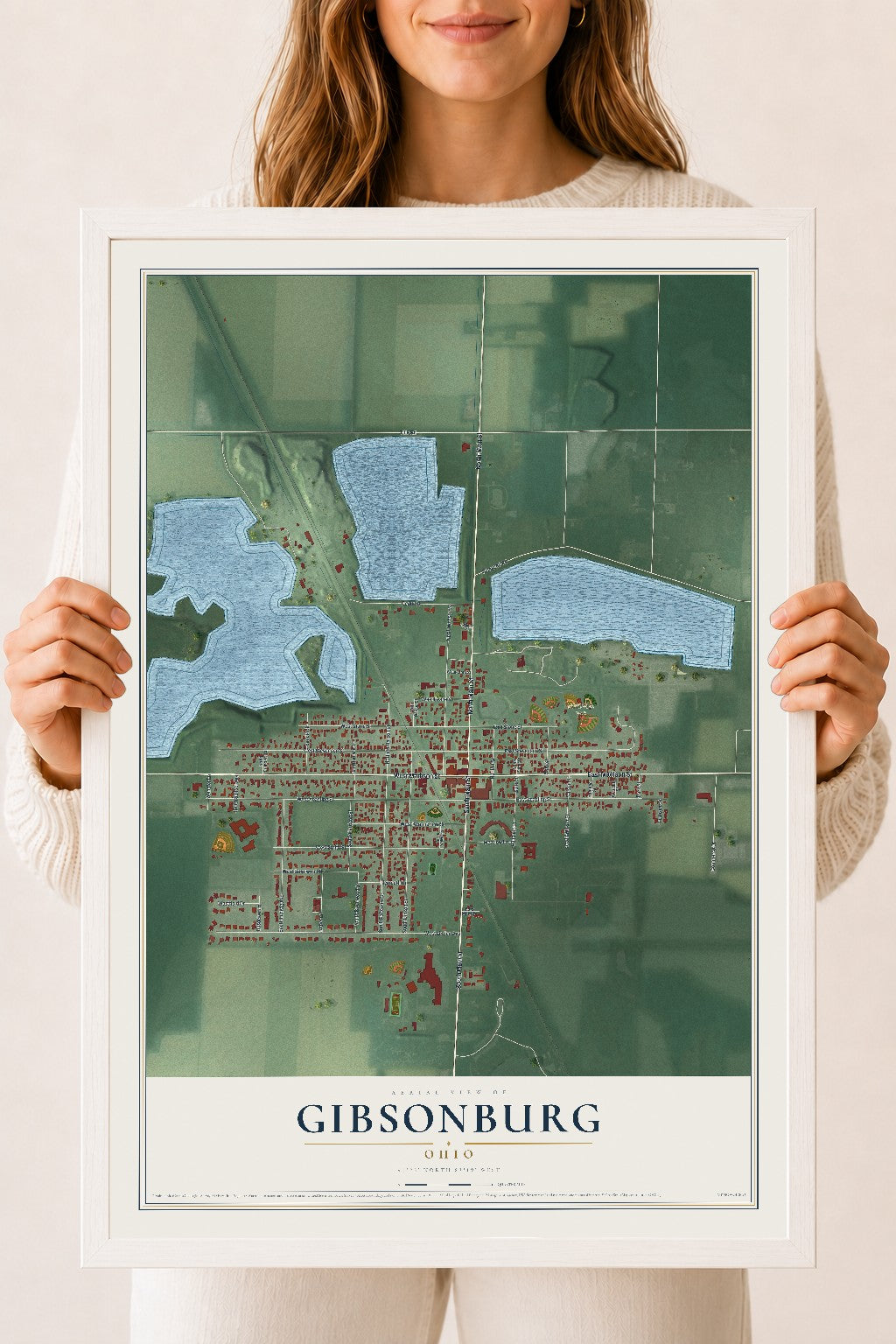 Map of Gibsonburg, Ohio, 18 x 24 inch print in a white wood frame