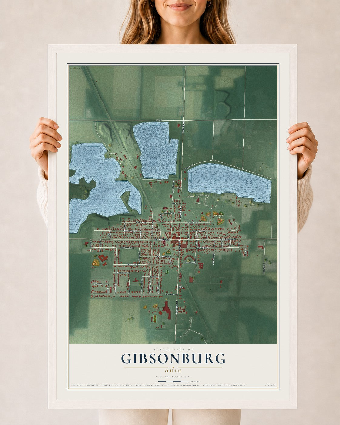 Map of Gibsonburg, Ohio, 24 x 36 inch print in a white wood frame