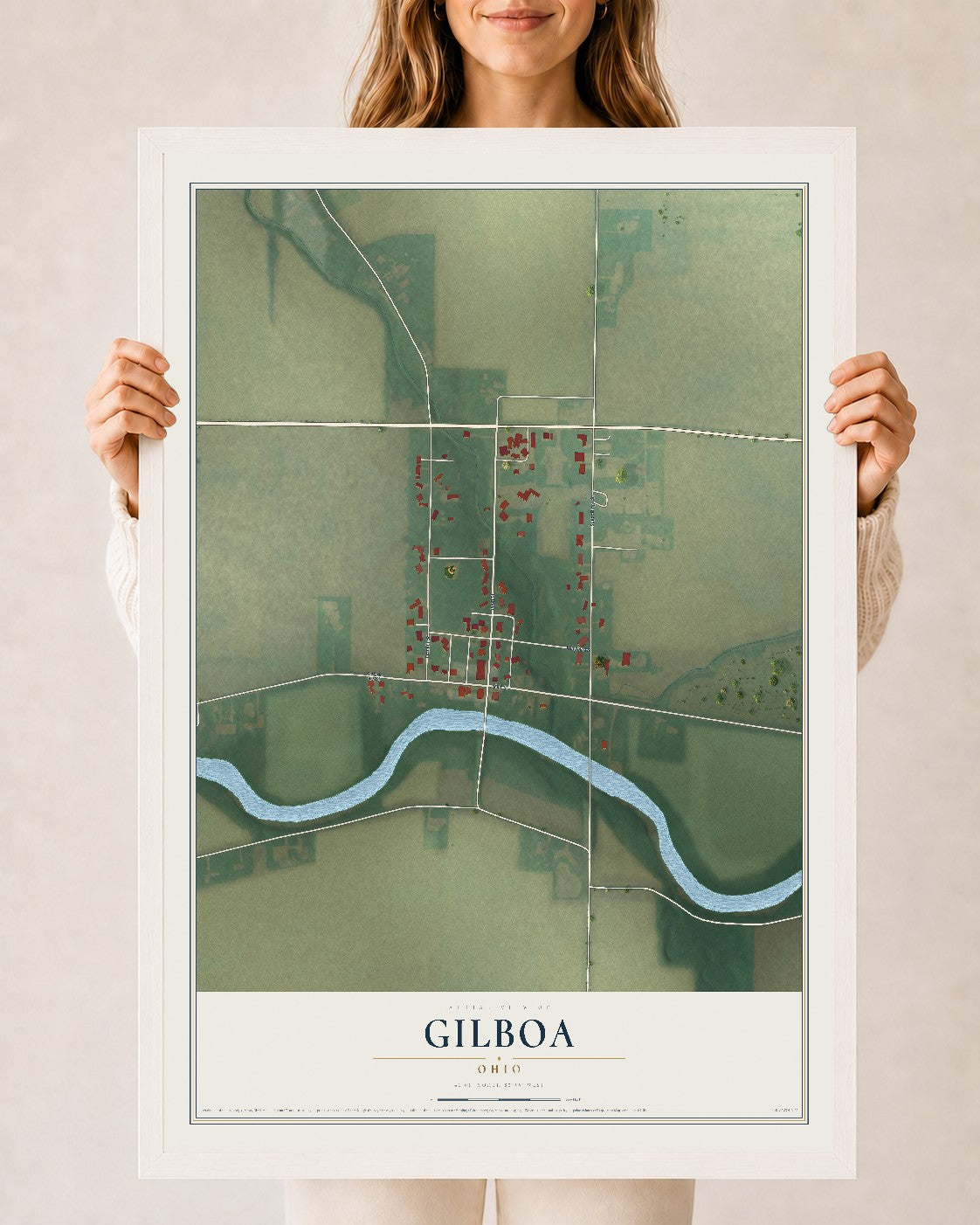 Map of Gilboa, Ohio, 24 x 36 inch print in a white wood frame