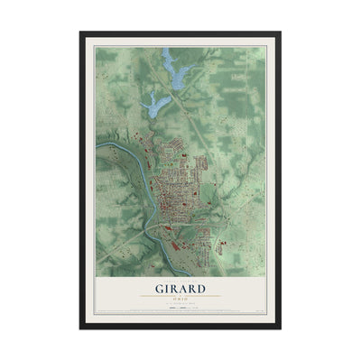 Map of Girard, Ohio, 12 x 18 inch print in a black wood frame