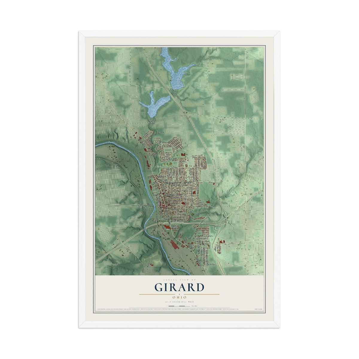 Map of Girard, Ohio, 12 x 18 inch print in a white wood frame