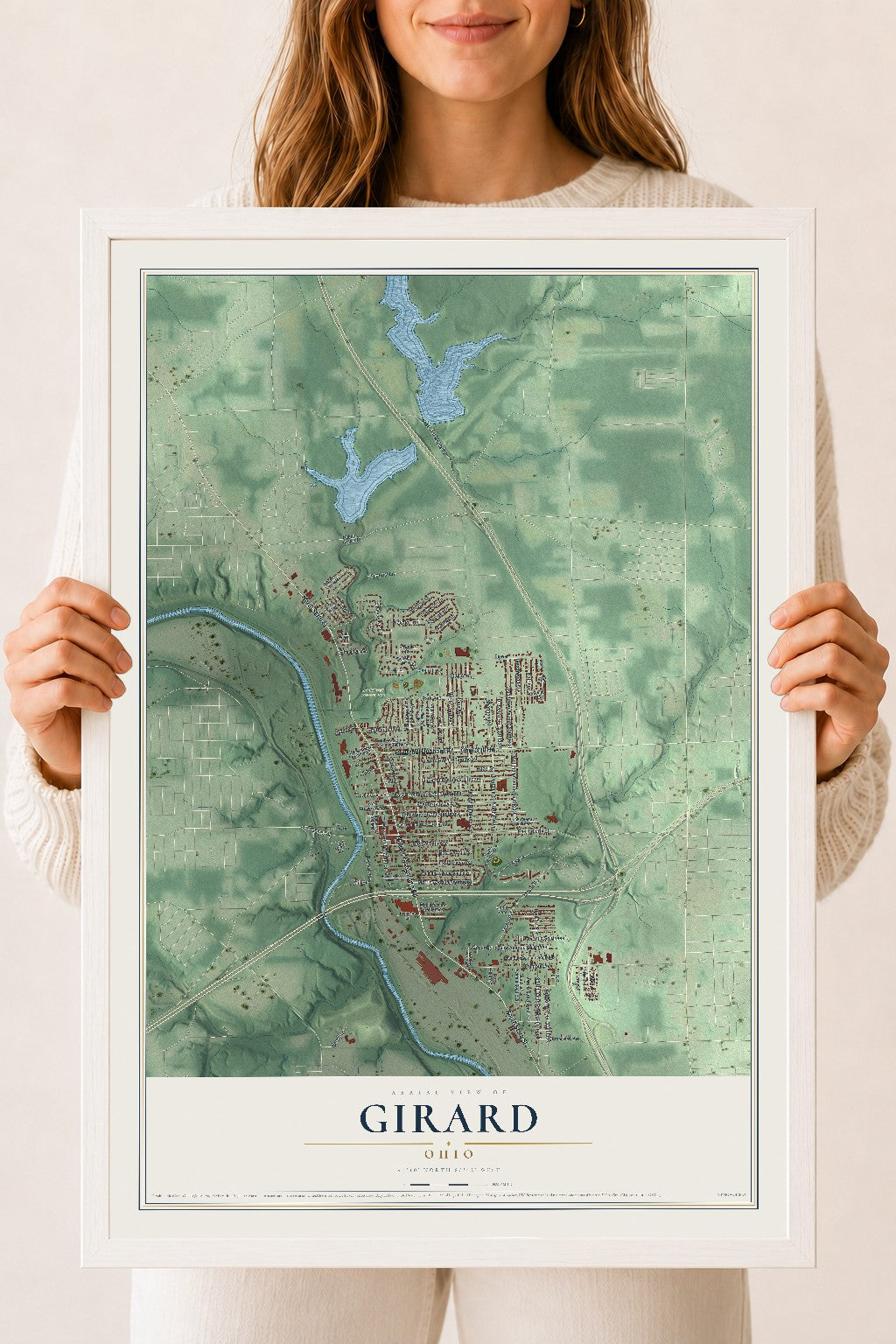 Map of Girard, Ohio, 18 x 24 inch print in a white wood frame