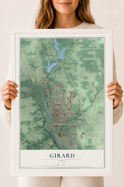 Map of Girard, Ohio, 18 x 24 inch print in a white wood frame
