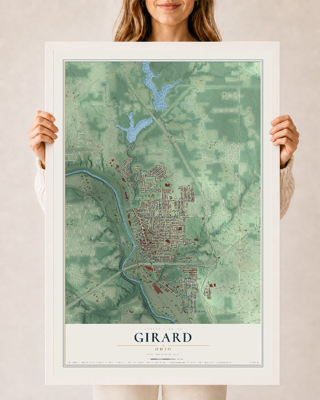 Map of Girard, Ohio, 24 x 36 inch print in a white wood frame