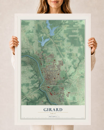 Map of Girard, Ohio, 24 x 36 inch print in a white wood frame