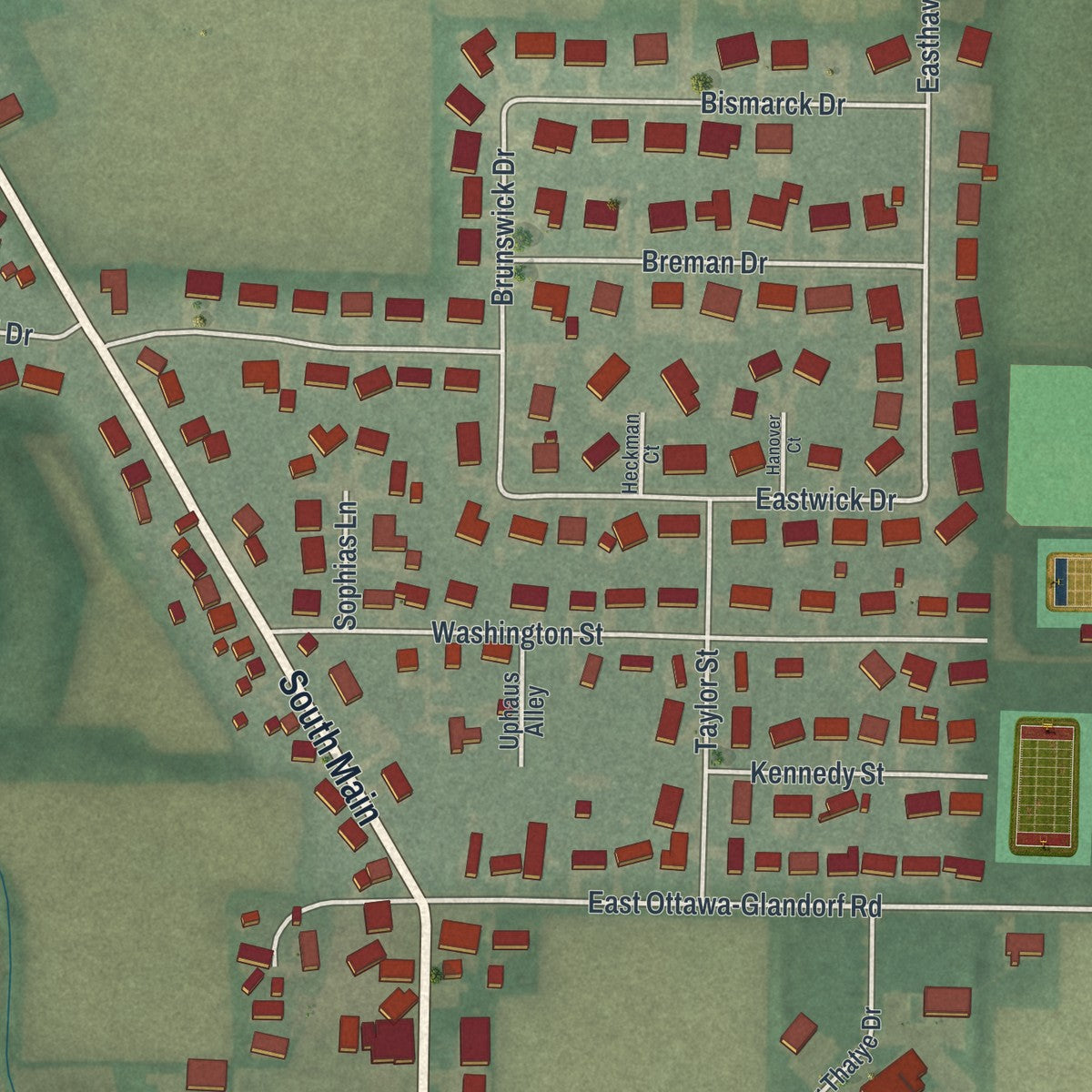 Close-up of the map of Glandorf, Ohio print showing street and building detail