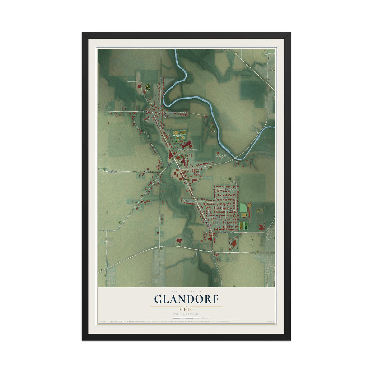 Map of Glandorf, Ohio, 12 x 18 inch print in a black wood frame