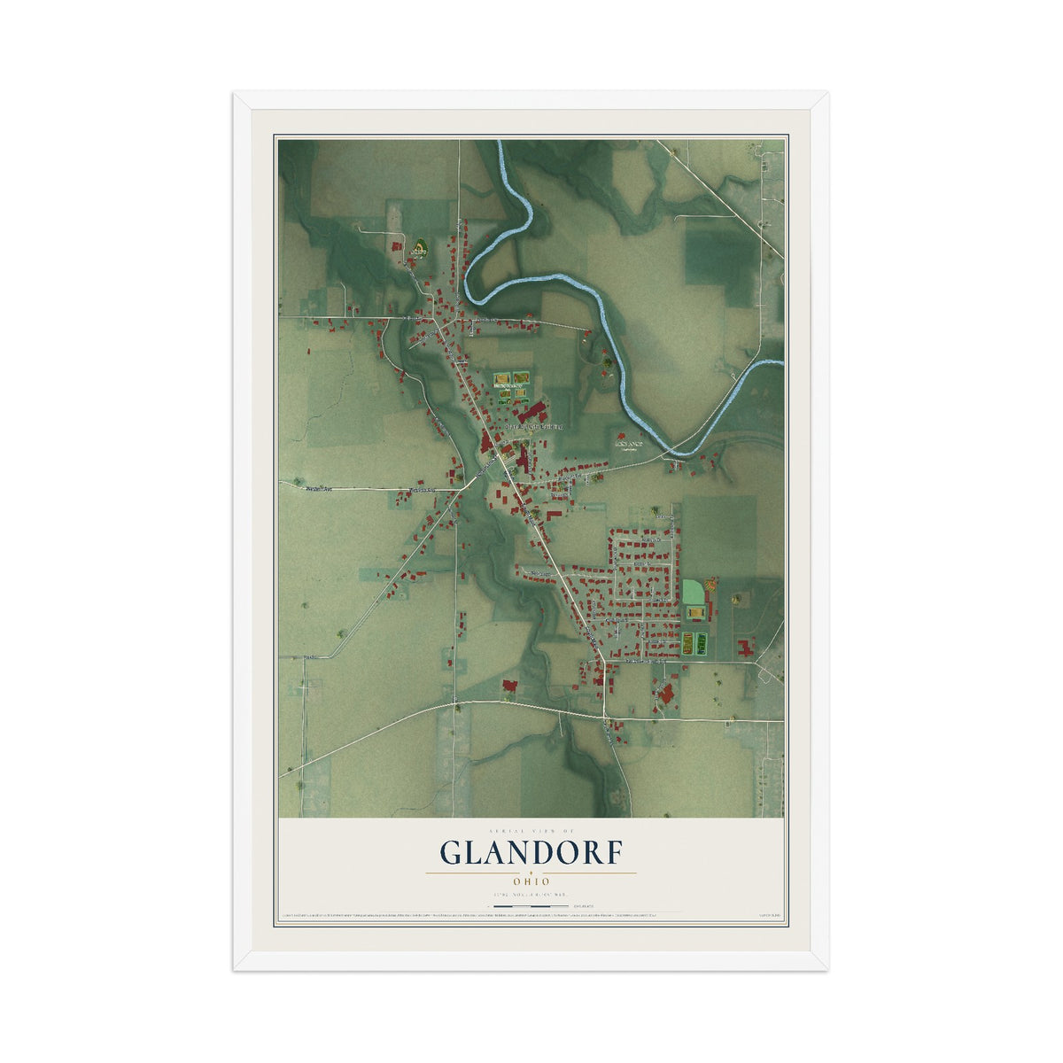 Map of Glandorf, Ohio, 12 x 18 inch print in a white wood frame