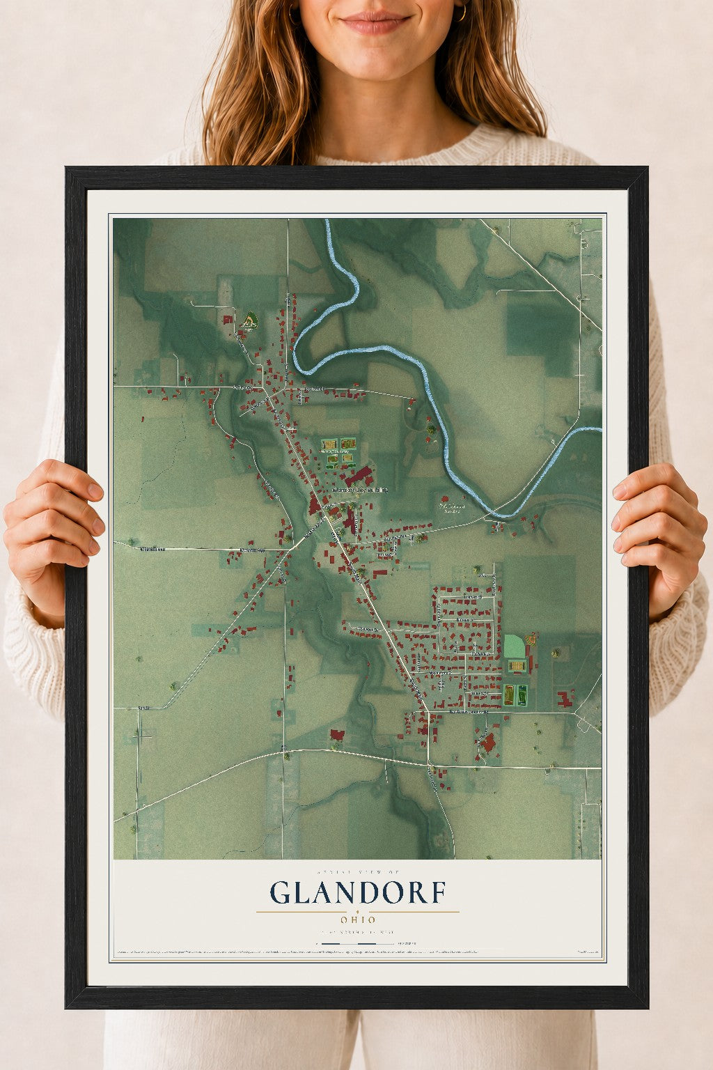 Map of Glandorf, Ohio, 18 x 24 inch print in a black wood frame