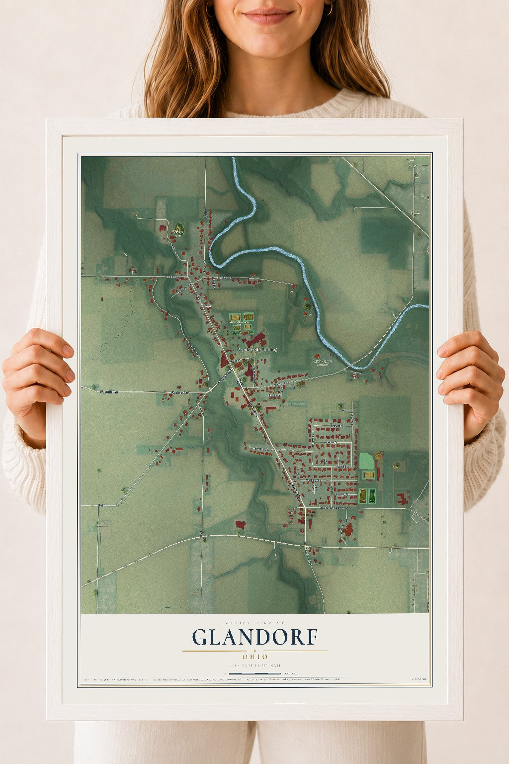 Map of Glandorf, Ohio, 18 x 24 inch print in a white wood frame