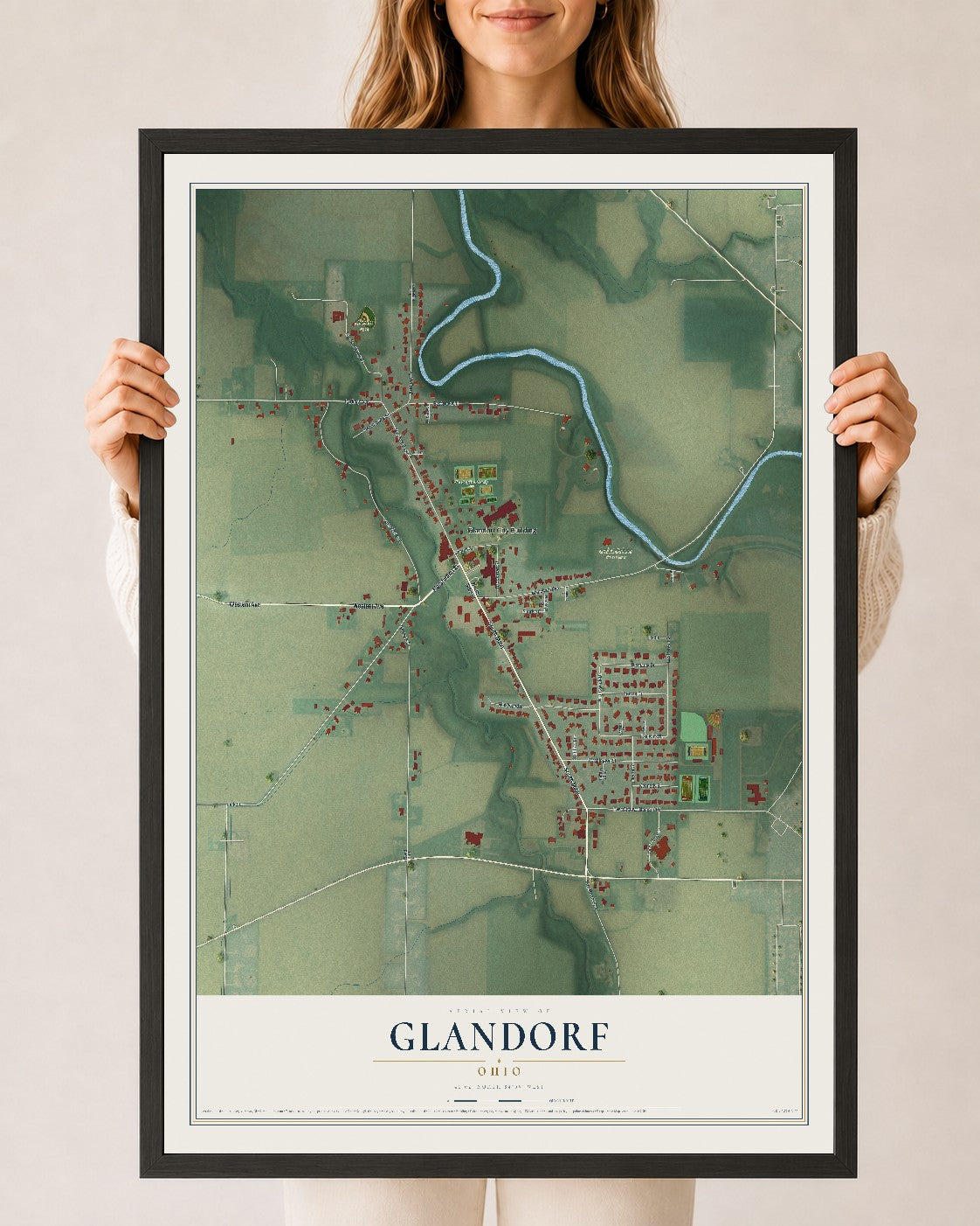 Map of Glandorf, Ohio, 24 x 36 inch print in a black wood frame