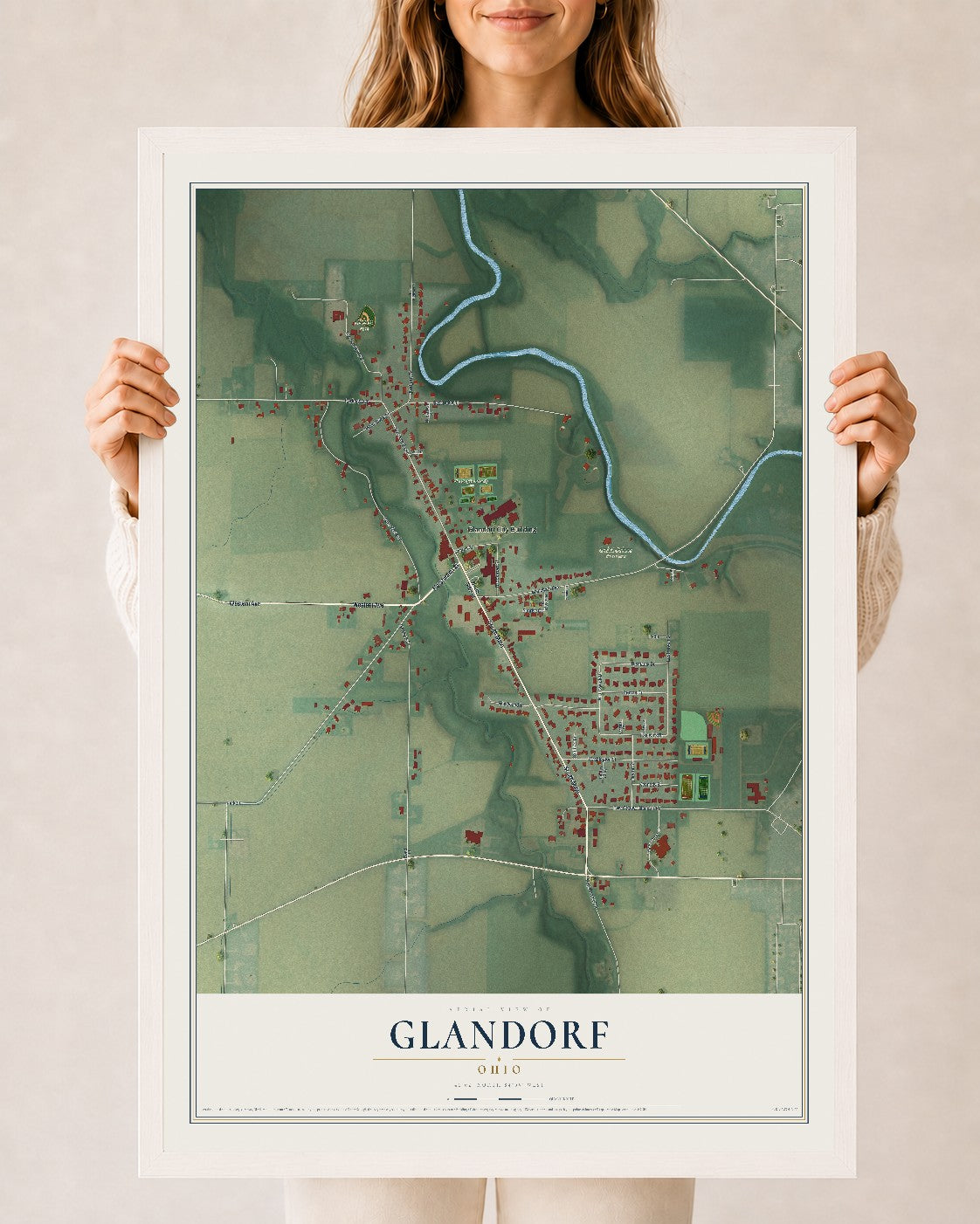 Map of Glandorf, Ohio, 24 x 36 inch print in a white wood frame