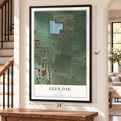 Glen Oak, Ohio map, 24 x 36 inch print in a black frame by a staircase