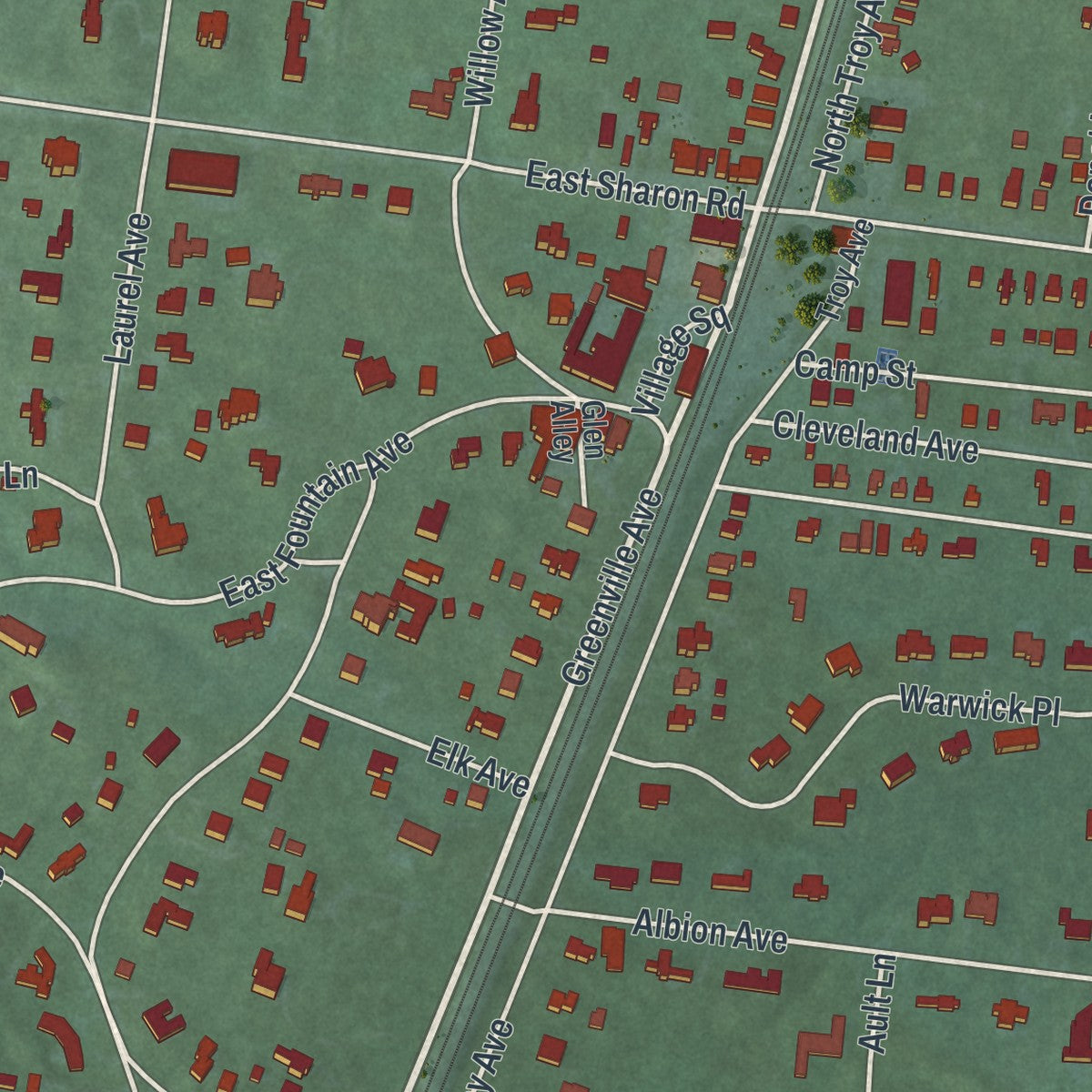 Second close-up of the map of Glendale, Ohio print showing more streets and buildings