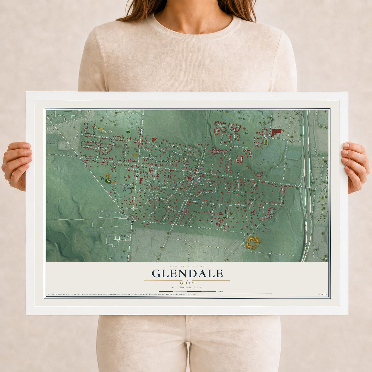 Map of Glendale, Ohio, 12 x 18 inch print in a white wood frame