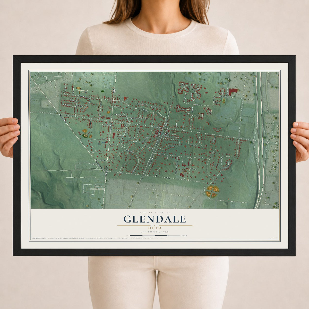 Map of Glendale, Ohio, 18 x 24 inch print in a black wood frame