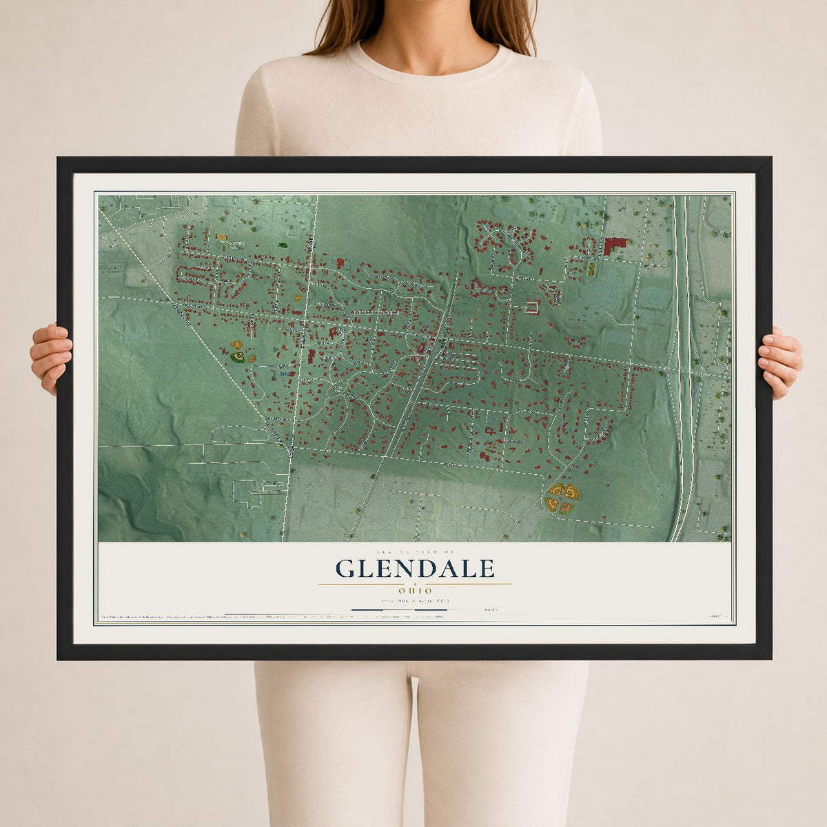 Map of Glendale, Ohio, 24 x 36 inch print in a black wood frame