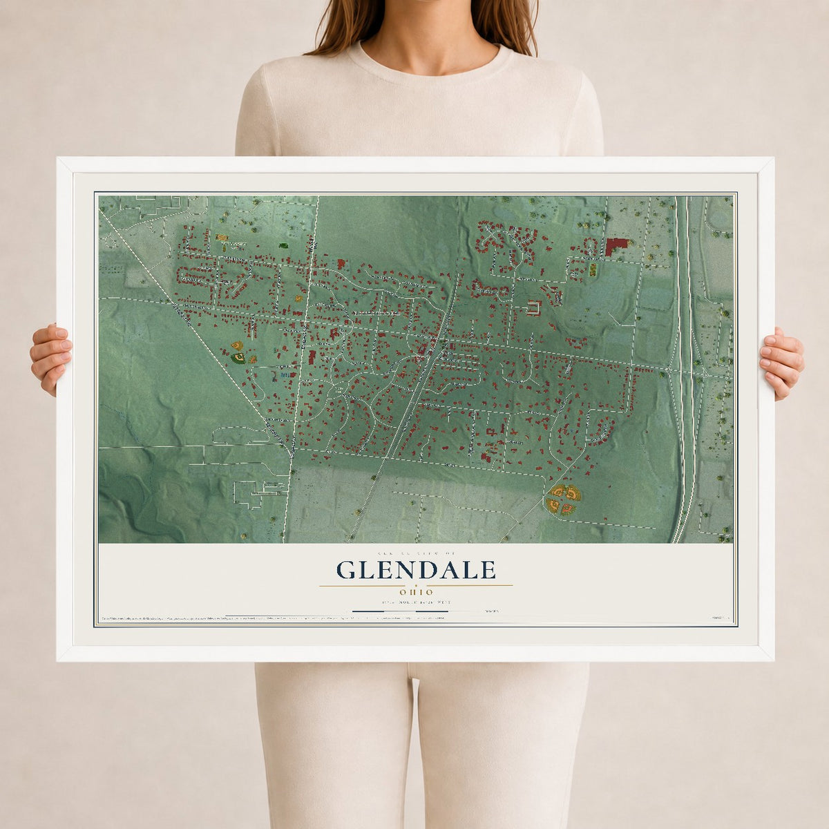 Map of Glendale, Ohio, 24 x 36 inch print in a white wood frame