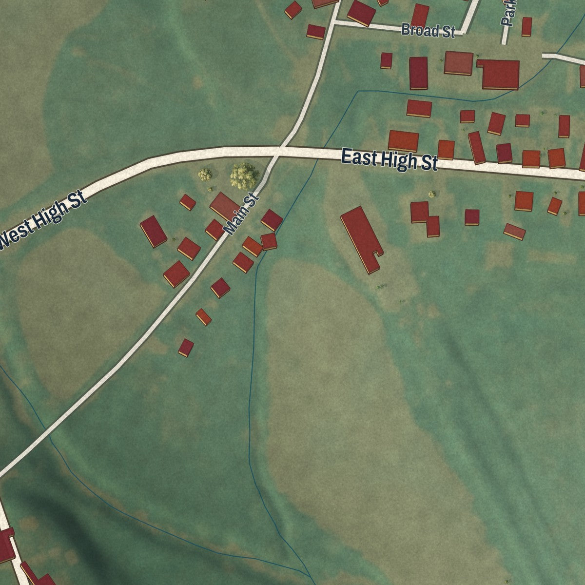 Close-up of the map of Glenford, Ohio print showing street and building detail