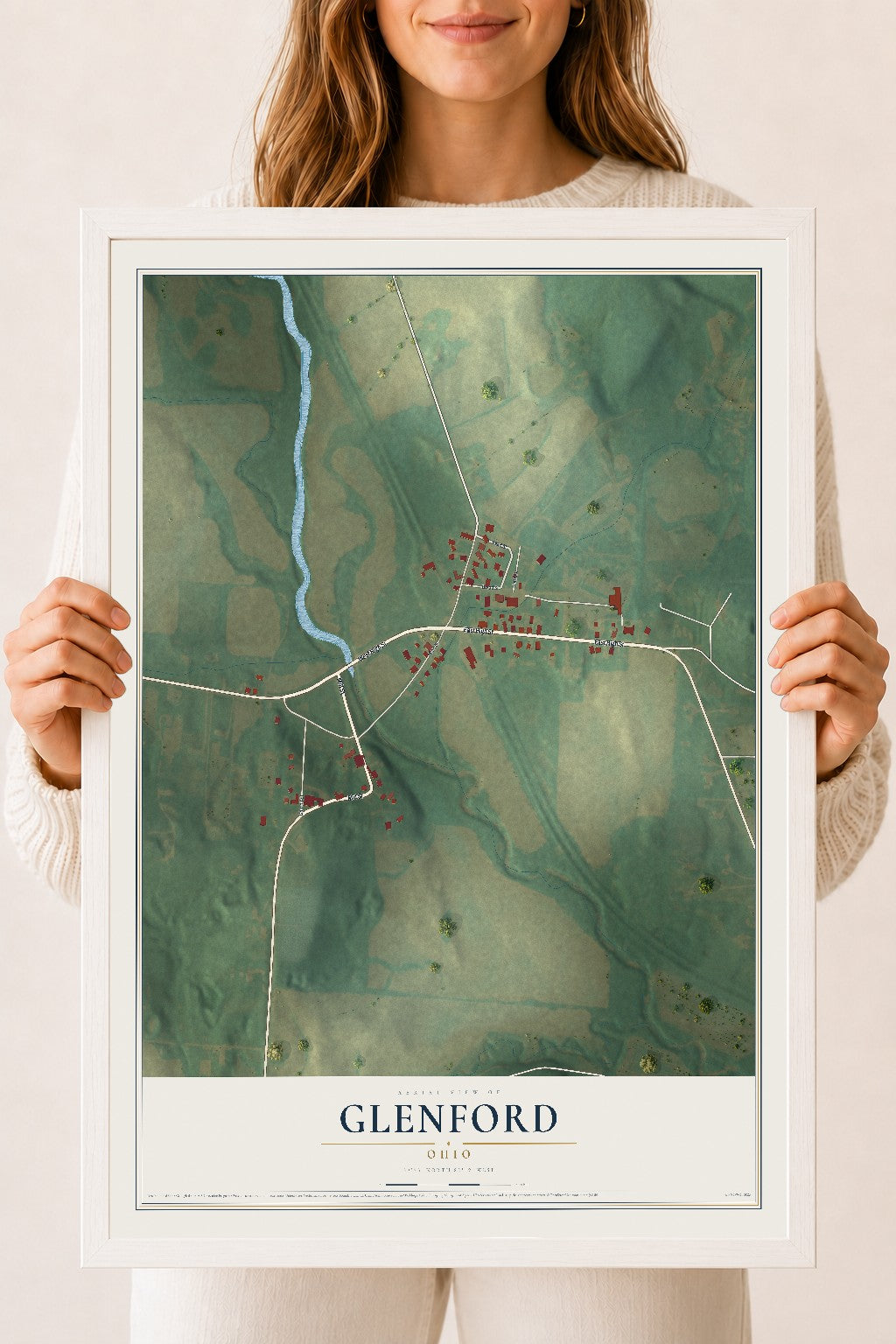 Map of Glenford, Ohio, 18 x 24 inch print in a white wood frame