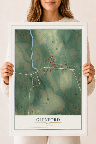 Map of Glenford, Ohio, 18 x 24 inch print in a white wood frame