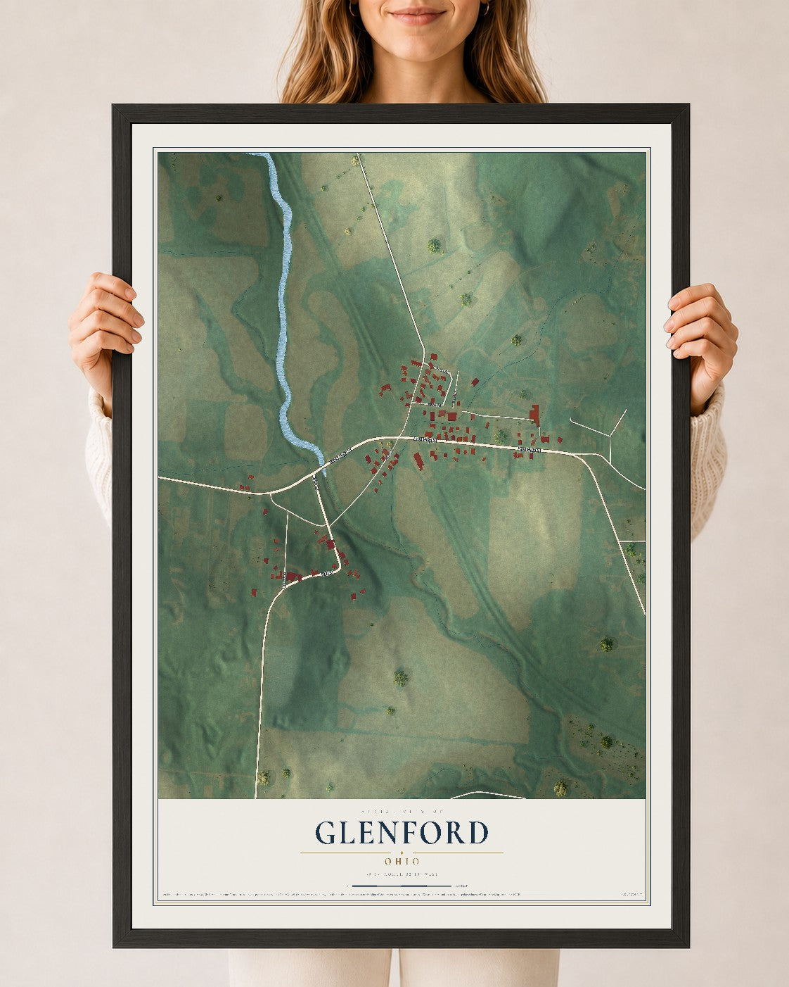 Map of Glenford, Ohio, 24 x 36 inch print in a black wood frame