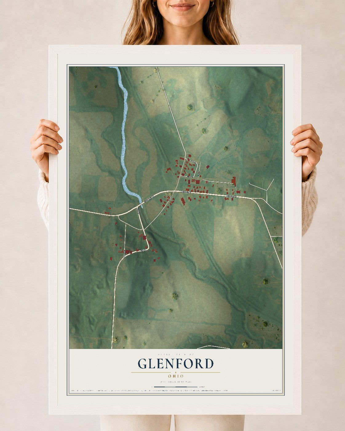 Map of Glenford, Ohio, 24 x 36 inch print in a white wood frame