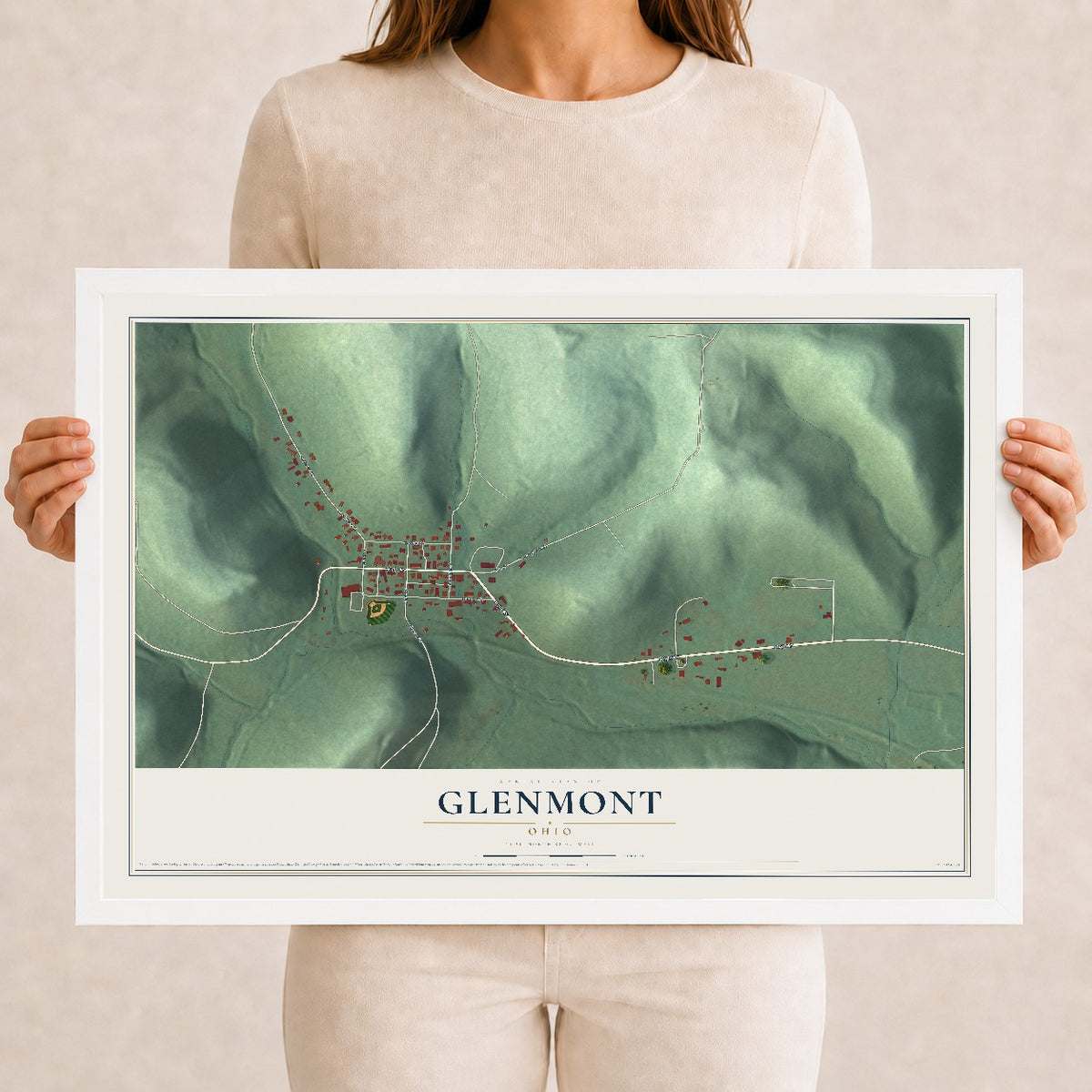 Map of Glenmont, Ohio, 12 x 18 inch print in a white wood frame