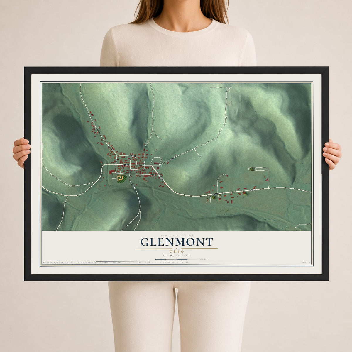 Map of Glenmont, Ohio, 24 x 36 inch print in a black wood frame