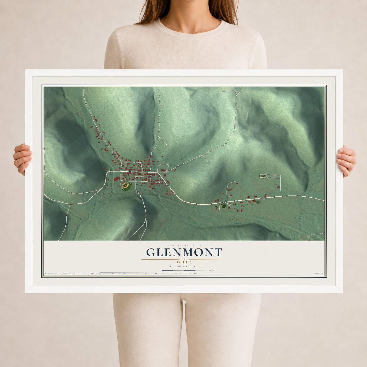 Map of Glenmont, Ohio, 24 x 36 inch print in a white wood frame