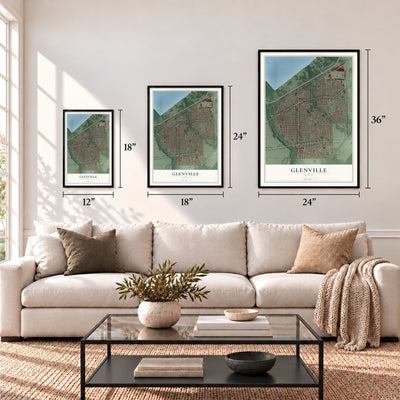 Glenville, Ohio map in 12 x 18, 18 x 24 and 24 x 36 inch sizes above a sofa